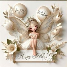 a birthday card with a fairy sitting on top of a sign that says happy birthday