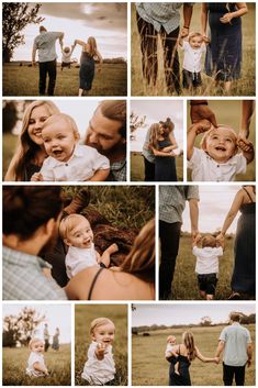 a collage of photos with people holding hands and laughing in the grass at sunset