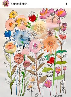 watercolor flowers on white paper with green stems and red, pink, blue, yellow, orange