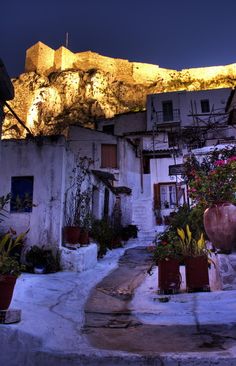 an old building with potted plants in front of it and a castle on top