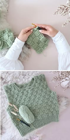 two photos showing how to crochet a sweater