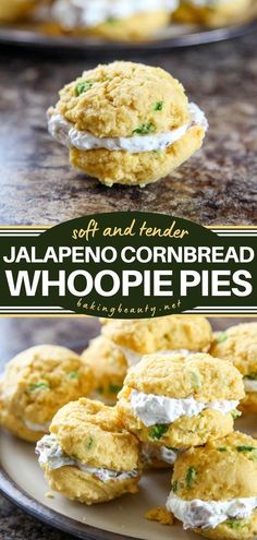 some food that is on a plate and in front of the words jalapeno cornbread whoopie pies