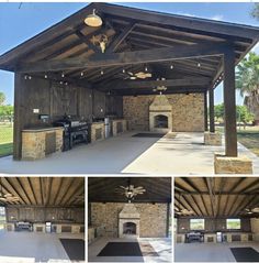 an outdoor kitchen with stone fireplaces and grilling area in the middle of it