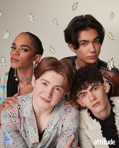 the cast of riverdale high school musical, from left to right, are posing in front of a wall with leaves on it