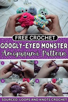 the instructions for crocheted googly eyed monster amigurm patterns are shown