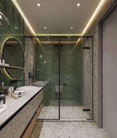 a large bathroom with two sinks and a shower stall in the middle of the room