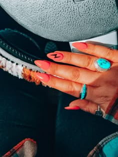 Nail Ideas Punchy, Western Themed Nail Ideas, Burnt Orange Western Nails, Western Nail Ideas Almond Shape, Lightening Bolt Nail Design Western, Western Nails Orange, Punchy Western Nails Short, Western Almond Shape Nails