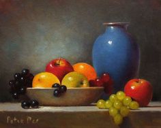 a painting of apples, grapes and an apple in a bowl next to a blue vase