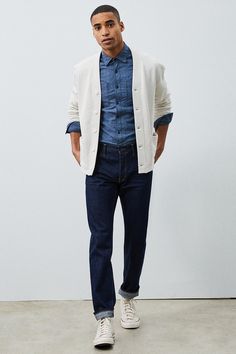 Men’s White Cardigan Outfit, Men's Spring Outfits, Spring Outfits For Men, Raw Denim Jacket, Double Denim Outfit, Jeans And Shirt, Denim Outfit Men, Double Denim Looks, China Clothes