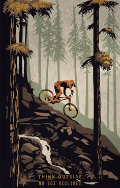 a man riding a bike through a forest filled with tall pine trees on top of a hill