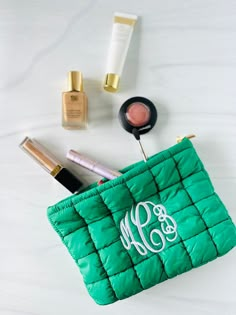 Get ready to quilt and chill with our Quilted Makeup Bag - Monogram. Keep all your beauty essentials organized in style with this quilted monogram bag. You'll be the envy of all your friends with this unique and playful accessory. Monogramming included! Choose from Green or White/Cream 6.5 inches by 2.25 inches by 10.5 inches Cute Toiletry Bag, Motherinlaw Gifts, Big Makeup Bag, Big Makeup Bags, In Law Christmas Gifts, Recipe Card Boxes, Quilted Makeup Bag, Embroidery Business, Law Christmas