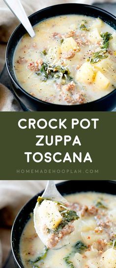 two bowls of crock pot zuppa toscana soup with broccoli and potatoes