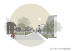 an artist's rendering of people walking and riding bikes on a street with houses in the background