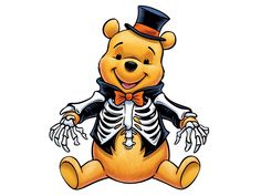 a cartoon bear dressed up in a skeleton outfit and top hat sitting on the ground