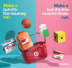 a red shopping basket filled with food next to a box of candy and a basketball