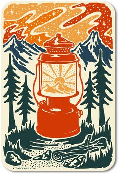 an image of a lantern in the woods with mountains and trees behind it, on a white background