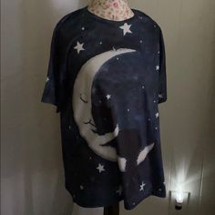 Adorable Moon & Stars Dark Blue Printed Front And Back. Can Also Be Used For A Night Shirt. Pit To Pit 25” L 30” Never Worn In Excellent Condition Pet Friendly Non- Smoking Home Top T Shirt, Cotton Pullover, Moon Stars, Night Shirt, Stars And Moon, Pet Friendly, Dark Blue, Womens Tops, Tops & Tees