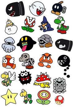 an assortment of cartoon character stickers on a white background