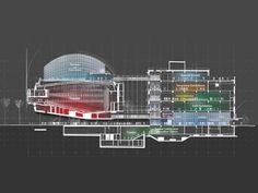 an architectural drawing of a building with lots of glass and red lights on the side