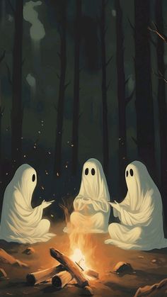 three ghost sitting around a campfire in the woods with their heads turned to look like they are holding hands