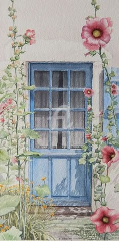 a watercolor painting of an open window with blue shutters and pink flowers in the foreground