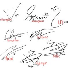 several different types of handwriting written in red and black ink on a white paper with the names