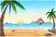 a beach scene with palm trees, rocks and a sailboat in the ocean on a sunny day