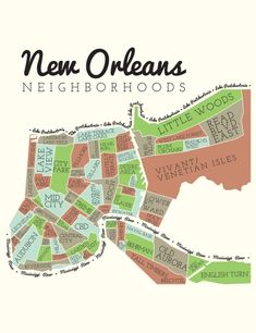 a map of new orleans with the neighborhood names in green and brown on white background