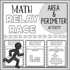 a poster with the words area and perimeter race on it, in black and white