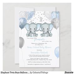 an elephant baby shower with balloons and confetti on the bottom, it's blue