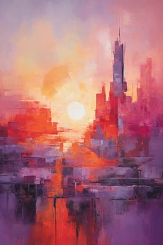 an abstract painting of cityscape with the sun setting in the sky above it