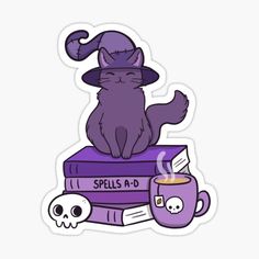 a sticker with a cat sitting on top of some books and a cup of coffee