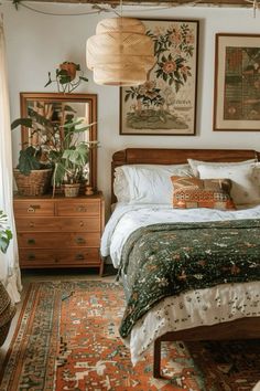 a bed sitting in a bedroom next to a wooden dresser and lamp on top of a rug