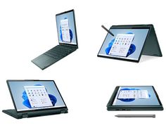 four different views of an open laptop with a pen on the keyboard and another tablet