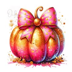 a pink and gold pumpkin with a big bow