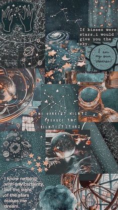 a collage of images with words and pictures on them that include stars, planets, and other things