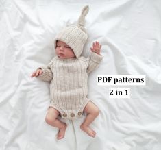 a baby wearing a knitted bunny suit and hat laying on a white sheet with the text pdf patterns 2 in 1