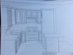 a drawing of a kitchen with an oven, sink and countertop area in it