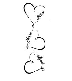 two hearts with the words love and marriage written in cursive writing on them