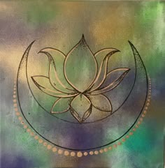 a painting with a lotus flower in the center on a blue, green and yellow background