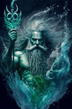 an image of a man with a long beard holding a spear in his hand and surrounded by water