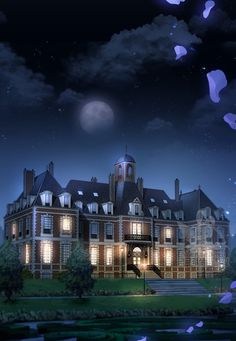 a large building with lots of windows and birds flying in the night sky above it