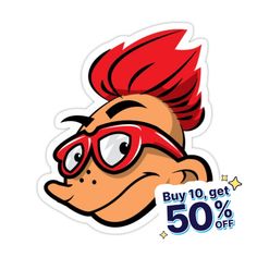 a sticker with an image of a cartoon character wearing goggles and red hair