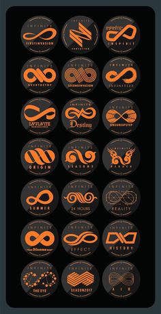 an orange and black poster with different types of logos