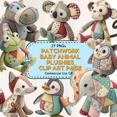 patchwork baby animal clip art pack includes stuffed animals, giraffes and monkeys