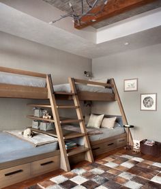 a bedroom with two bunk beds and a checkered rug in front of the bed