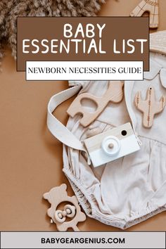 a baby's diaper and its accessories with the title, baby essentials list newborn necessities guide