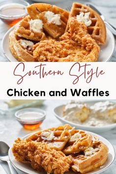 southern style chicken and waffles on a white plate