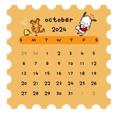 a calendar for the month of october, with cartoon animals on yellow paper and orange background