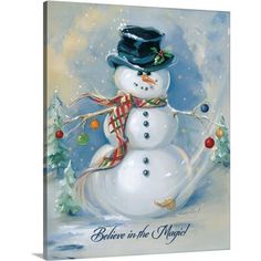 a painting of a snowman with a hat and scarf on it's head